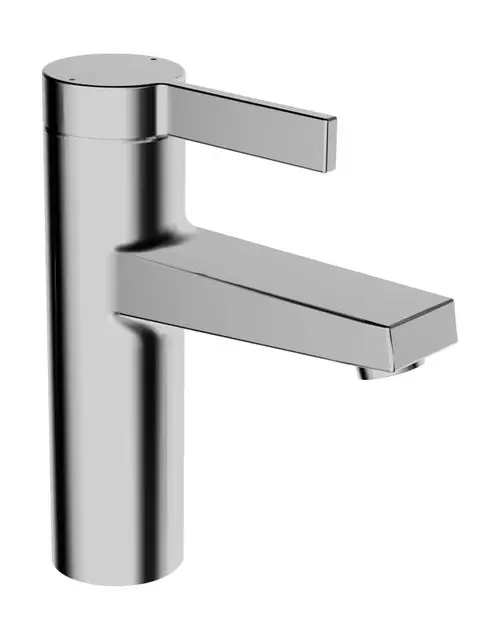 Einhebelmischer in chromfarbener Oberfläche von HANSA. Der Wasserhahn hat eine moderne, gerade Form und einen seitlichen Hebel zur Steuerung des Wasserflusses.